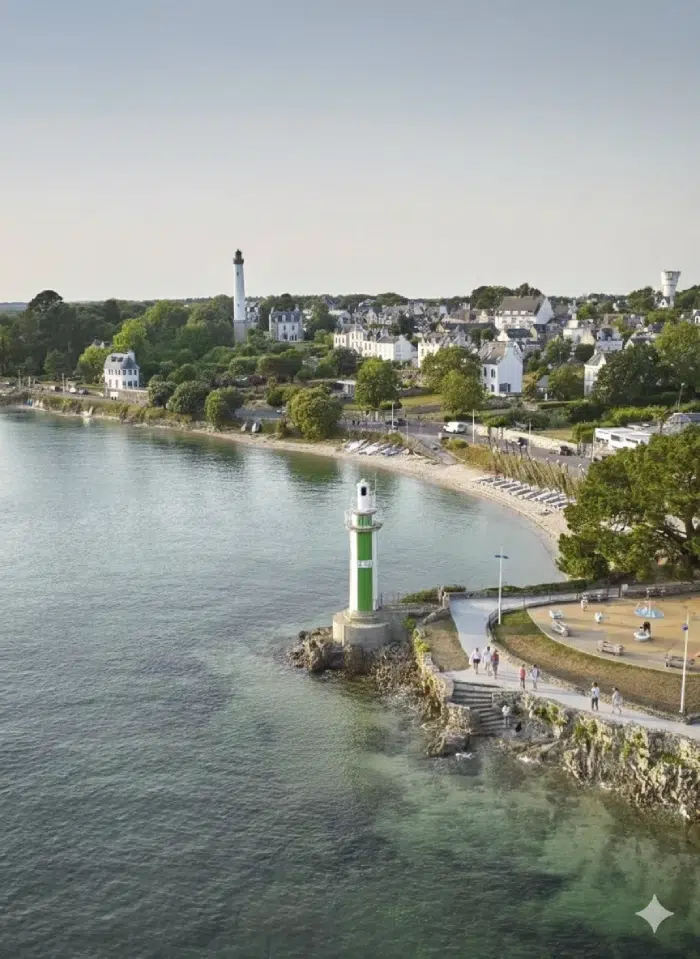 Vue aérienne du phare de Bénodet au bord de la mer en Bretagne, près d’un camping Bretagne bord de mer