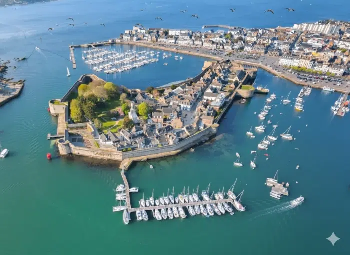 Vue aérienne de la Ville Close de Concarneau et de son port, idéale pour un séjour en camping Bretagne bord de mer