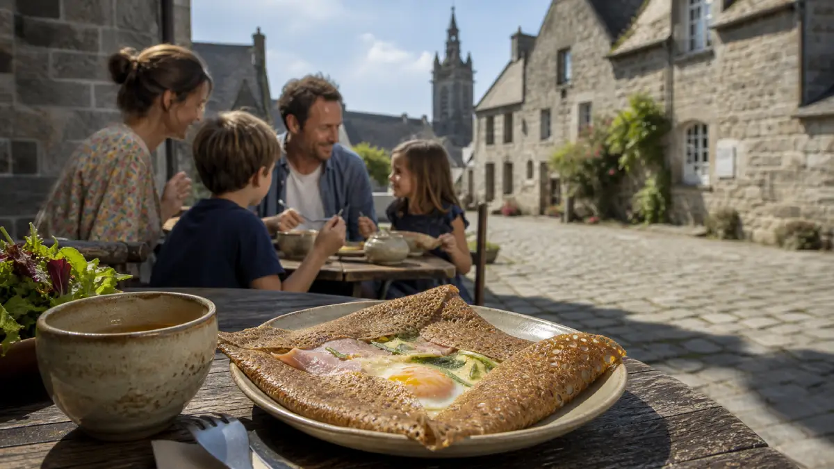 Famille attablée devant une galette de blé noir dans une crêperie à Locronan